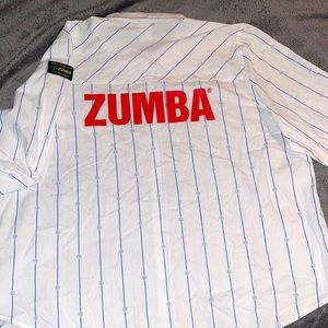 Zumba pinned stripped button down shirt, butt cape